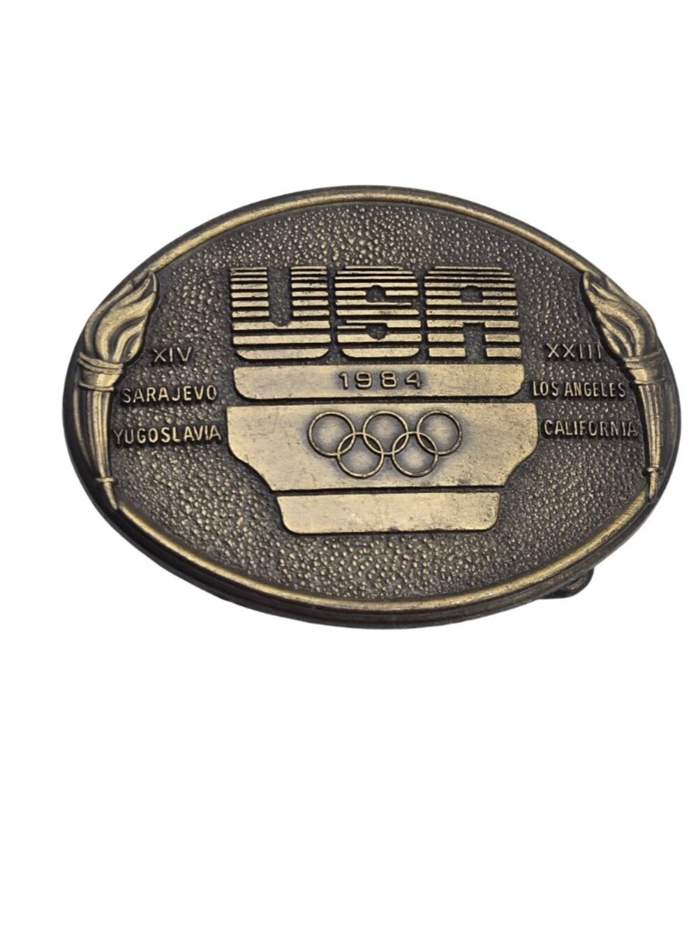 USA 1984 Olympic Belt Buckle Los Angeles Sarajevo LA Torch Rings Sports Athletes - Picture 6 of 9